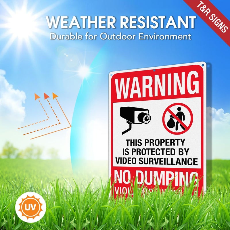 TR Large No Dumping Sign, Property Protected By Video Surveillance Sign, 14" x 10" Rust Free .040 Aluminum Reflective, Weather Resistant, Waterproof, Fade Resistant, 6 Pre-drilled Holes - 4 Pack - Image 3